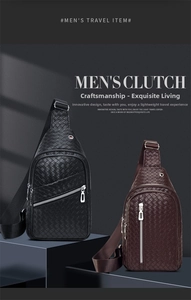 Detailed view of woven leather texture on black and dark brown men's crossbody chest bags