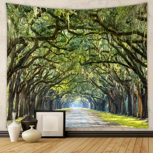 Detail view of forest tree landscape tapestry with polyester fabric texture in home decor