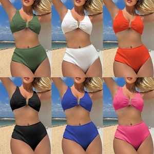 Women Bikini Top And Bottom Ribbed High Waist Solid Color V Metal Decoration Sexy Beach Swimsuit Summer Swimwear
