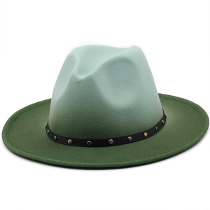 Detail of gradient green wool fedora hat with black leather band and silver studs