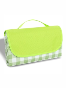 Portable waterproof oxford picnic mat in green plaid, folded with a carrying handle