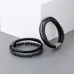 Men Multilayer Bracelet Lava Stone Beaded Braided Leather Handcrafted Stainless Steel Magnetic Clasp Trendy Jewelry