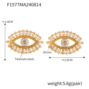 Detail view of evil eye stud earrings in titanium steel with zircon inlay and dimensions