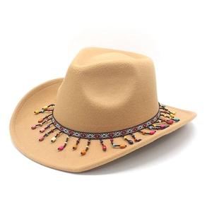 Classic camel wool western cowboy hat with colorful bohemian beaded band for men and women