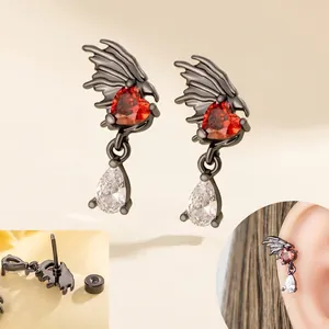 Gothic Dragon Wing Cartilage Stud Earring Titanium Steel Red Heart Cubic Zirconia Teardrop Pendant Piercing Jewelry