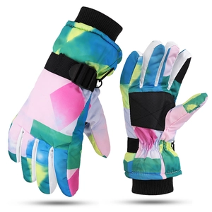 Waterproof ski gloves with colorful geometric patterns and adjustable wrist straps