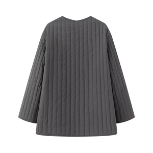 Back view of dark gray quilted cotton jacket with vertical stitching and loose fit