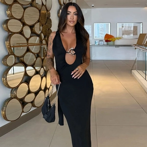 Elegant black backless maxi dress with stylish cutout and metal ring detail