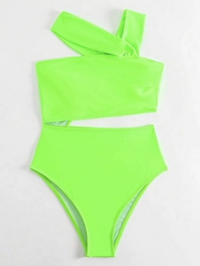 Detailed flat lay of neon green one-shoulder swimsuit with waist cut-out and high waist design