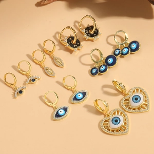 Orecchini a Pendente Bohemian Malocchio Cuore Stella Luna per Donna Rame Placcato Oro Zirconia Smalto Gioielli alla Moda