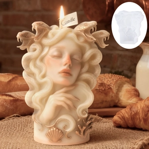 3D Medusa relief candle with golden snake details and silicone mold for DIY crafts