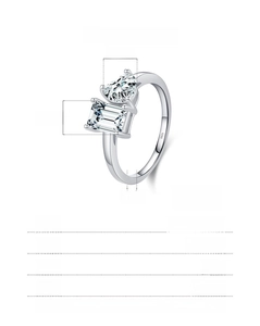 Macro view showing S925 sterling silver stamp and emerald-cut heart zirconia on ring