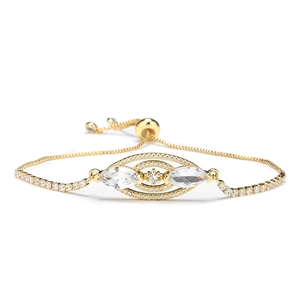Adjustable gold plated copper bracelet with marquise zircon eye and sliding box chain