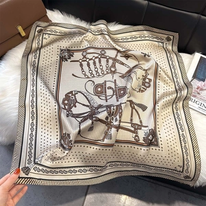 Elegant 70cm faux silk equestrian scarf featuring horse harness prints on plush background