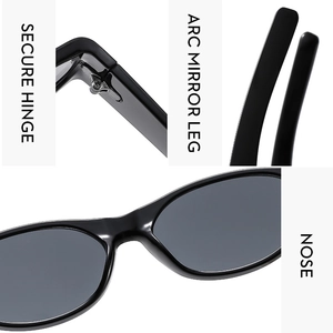 Detail of secure metal hinges, ergonomic arc legs and integrated nose pads on black sunglasses