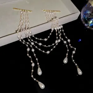 Exquisite pearl fringe hair chain with gold clip and water-drop pendants on velvet box