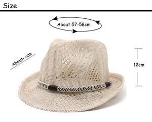 Detail of knit hollow straw jazz hat with weave trim and size specifications
