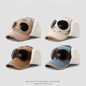 Kids corduroy hip-hop baseball cap with pilot goggles and fleece earflaps in four colors