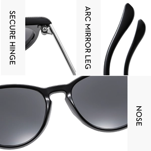 Detailed views of sturdy metal hinges and curved temples on stylish round frame sunglasses