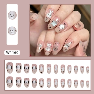 Cute cartoon puppy aurora bunny press-on nails with sparkling silver glitter for summer