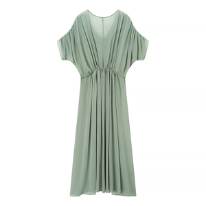 Hellgrünes Chiffon-Maxikleid mit V-Ausschnitt, elastischer Taille und Fledermausärmeln