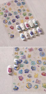 Detailed 3D embossed nail art stickers with gold stars and moon patterns M-669