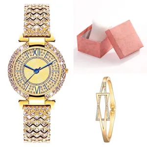 Set orologio al quarzo dorato di lusso e bracciale con diamanti da donna in scatola