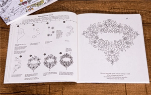 Detail view of step-by-step drawing guide for symmetrical crest in adult coloring book