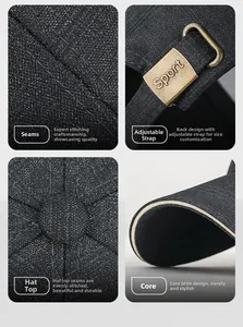 Detail of black twill baseball cap with reinforced stitching and metal buckle