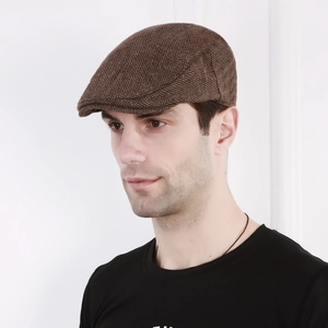 Klassieke bruine platte pet met visgraatpatroon voor heren, zonbescherming en retrostijl