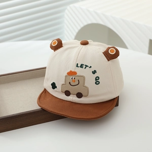 Detail of embroidered cartoon car and cute ears on soft brim baby sun hat