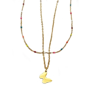 Golden butterfly pendant necklace featuring vibrant multi-colored beads on a delicate chain
