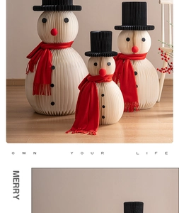 Three-piece honeycomb paper snowman set in cream white with red scarves and black top hats