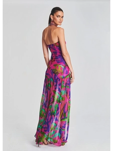 Detail of the backless design on this floral pink chiffon maxi dress for summer