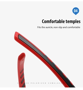 Detail of red and black two-tone sports sunglasses temples with comfortable anti-slip design