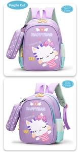 Detail of purple cartoon cat backpack showing side mesh pocket and padded shoulder straps