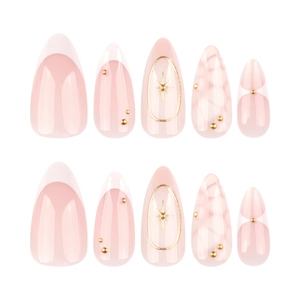 3D Bohemian French press-on nails with white tips, gold beads and star charms on nude pink base
