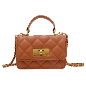 Brown quilted mini crossbody bag for girls with gold chain strap and top handle