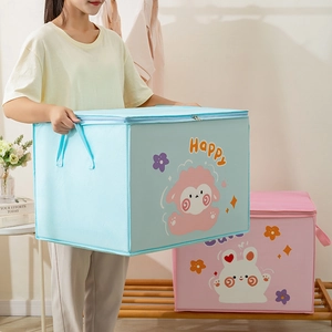 Detail of large storage bags with handles and cute cartoon sheep and rabbit patterns