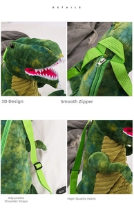 Detail view of 3D dinosaur plush backpack with smooth zipper and adjustable straps