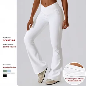 Pantalon de Yoga Évasé à Taille Haute en V pour Femmes Leggings Nervurés Galbe des Fesses Contrôle du Ventre Fitness Pantalon de Sport