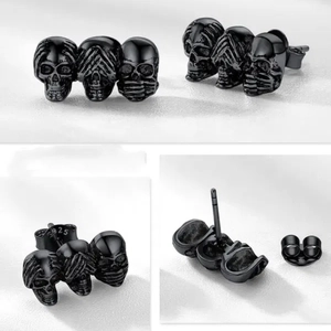 S925 sterling silver triple skull stud earrings in black plating from multiple angles
