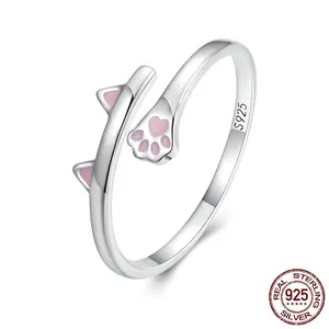 925 Sterling Silver Cat Ring Cute Pink Enamel Animal Paw Print Adjustable Open Jewelry Gift For Women