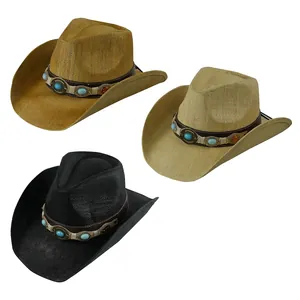 Vintage Western Cowboy Hat Straw Braided Wide Brim Sun Protection With Turquoise Leather Band Ethnic Style Outdoor Travel