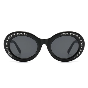 Classic black oval rhinestone sunglasses with UV protection and dark grey lenses