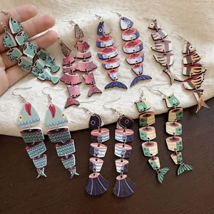 Articulated Fish Bone Drop Earrings With Silver Earring Post Ethnic Retro Wood Print Spliced Dangle Jewelry For Women