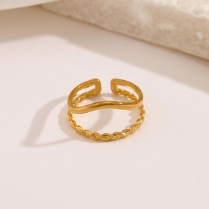 18K gold plated double layer adjustable stainless steel ring with wave and twisted textures