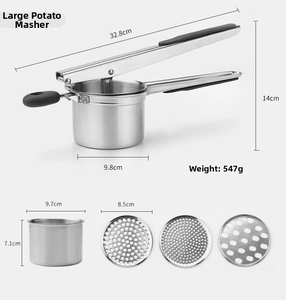 Detail of stainless steel potato ricer set with dimensions and three interchangeable discs