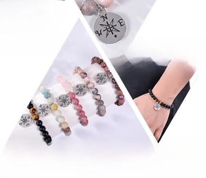 Detail of compass charm bracelets with pink crystal beads and inspirational card