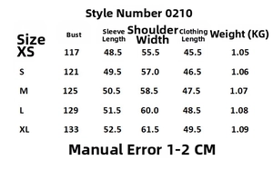 Detailed size guide for women's moto jacket featuring chest, shoulder and sleeve measurements